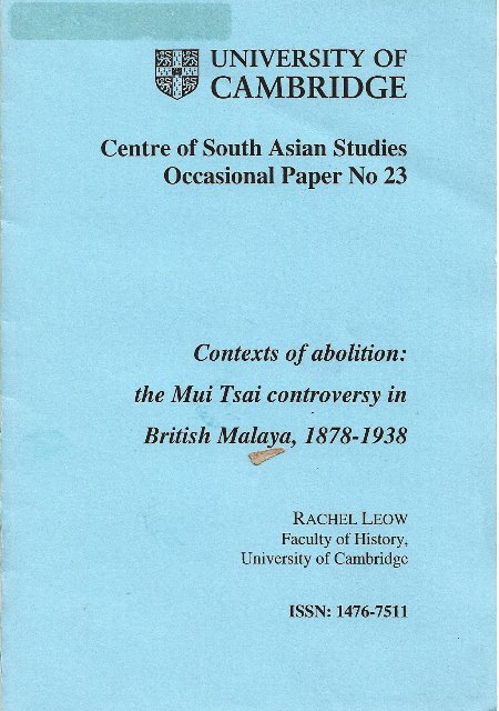 Contexts of Abolition: The Mui Tsai Controversy in British Malaya, 1878-1938 - Rachel Leow